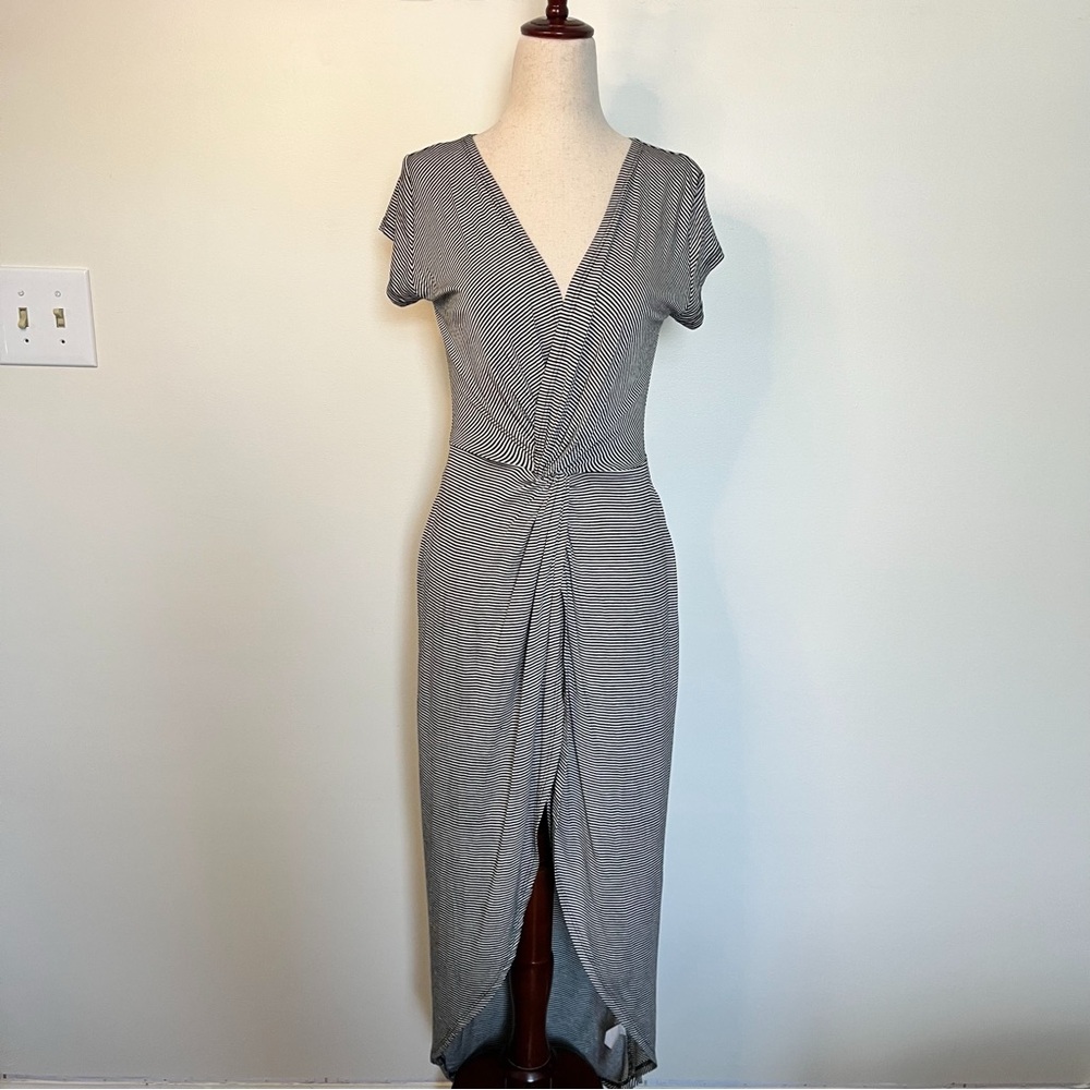 Black & White Striped High-Low Twist-Front Midi Dress with V-Neck